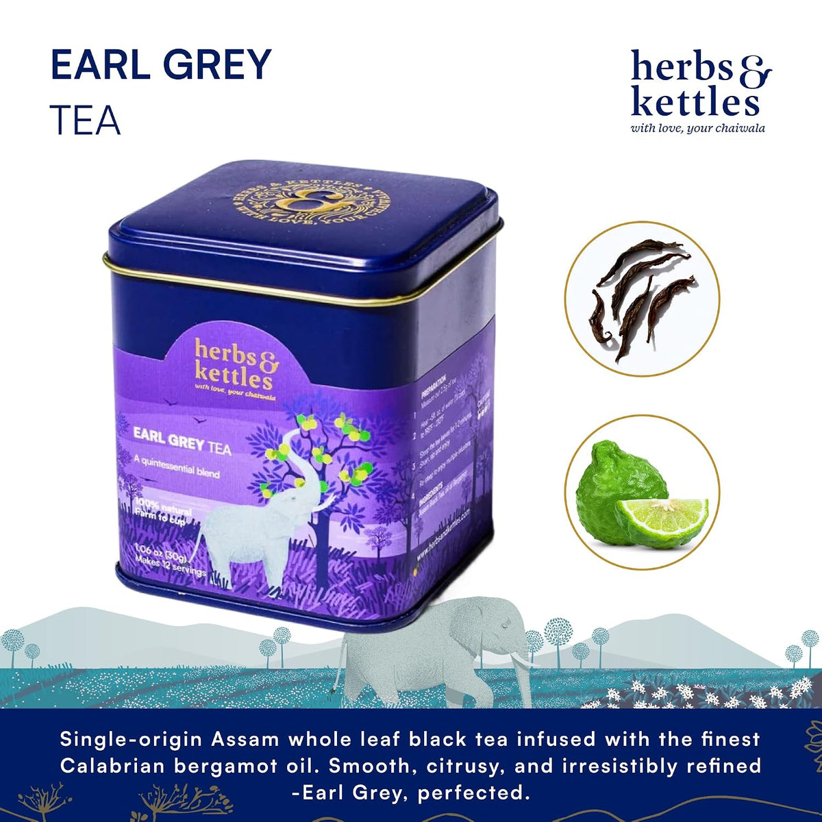 Herbs & Kettles Double Bergamot Earl Grey Tea ,1.06 oz | Whole Leaf Assam Black Tea Infused with Italian Bergamot Oil | Premium Loose Leaf Earl Grey with Smooth Citrus Aroma & Velvety Finish | Makes 12–14 Servings, 20-30 Cups | Gourmet Tea Gift