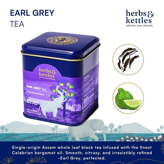 Herbs & Kettles Double Bergamot Earl Grey Tea ,1.06 oz | Whole Leaf Assam Black Tea Infused with Italian Bergamot Oil | Premium Loose Leaf Earl Grey with Smooth Citrus Aroma & Velvety Finish | Makes 12–14 Servings, 20-30 Cups | Gourmet Tea Gift