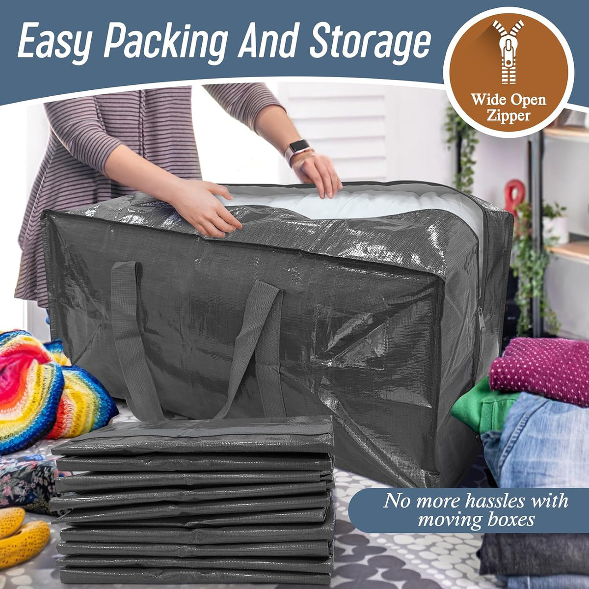 Extra Heavy Duty Large Moving Bags with Strong Zipper, Dark Blue