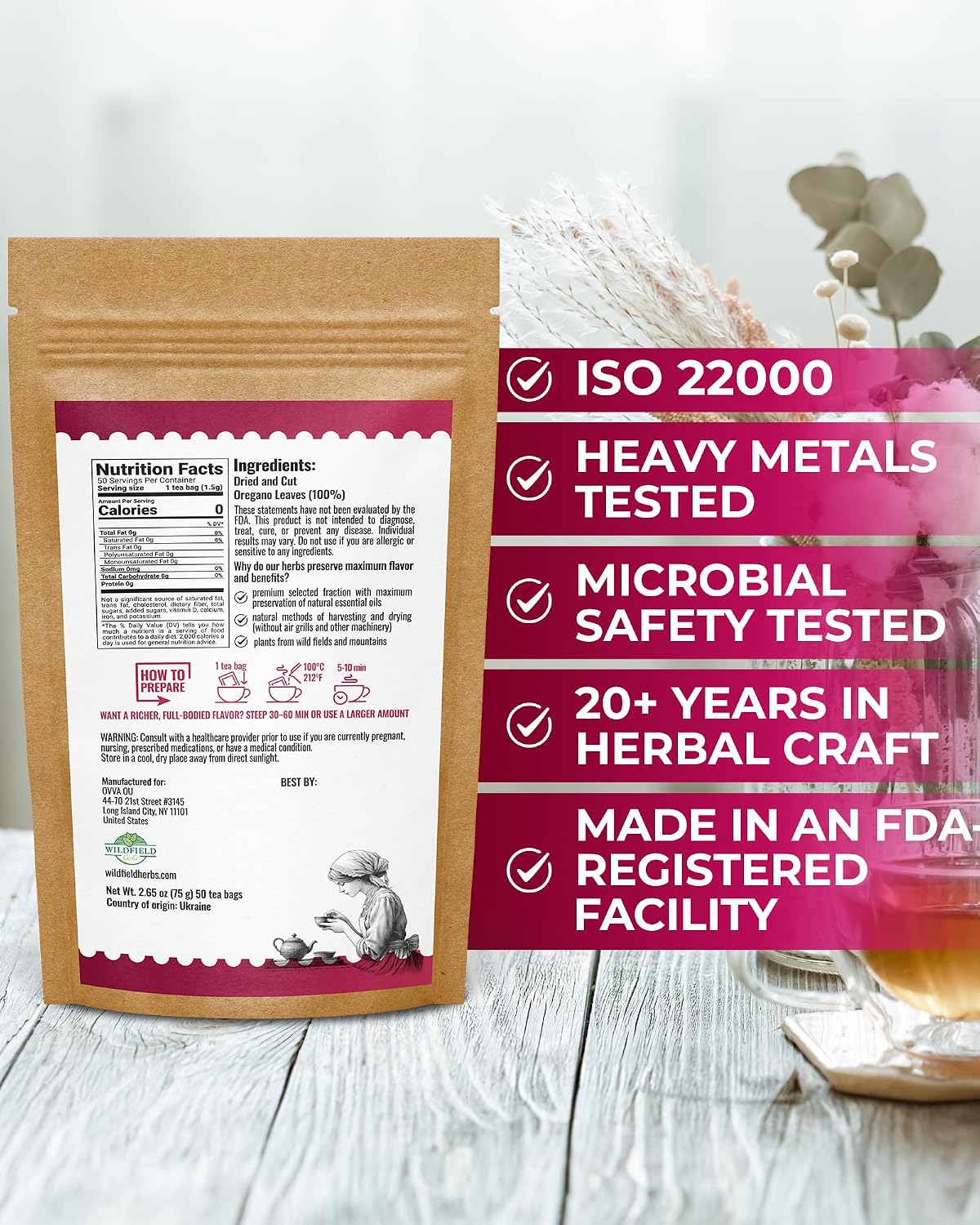50 Bags Oregano Tea Dried Oregano Leaves Herbal Tea Bag (Origanum Vulgare L.) - 50 Count 1.5g Bags Dry Orégano Leaf Herb
