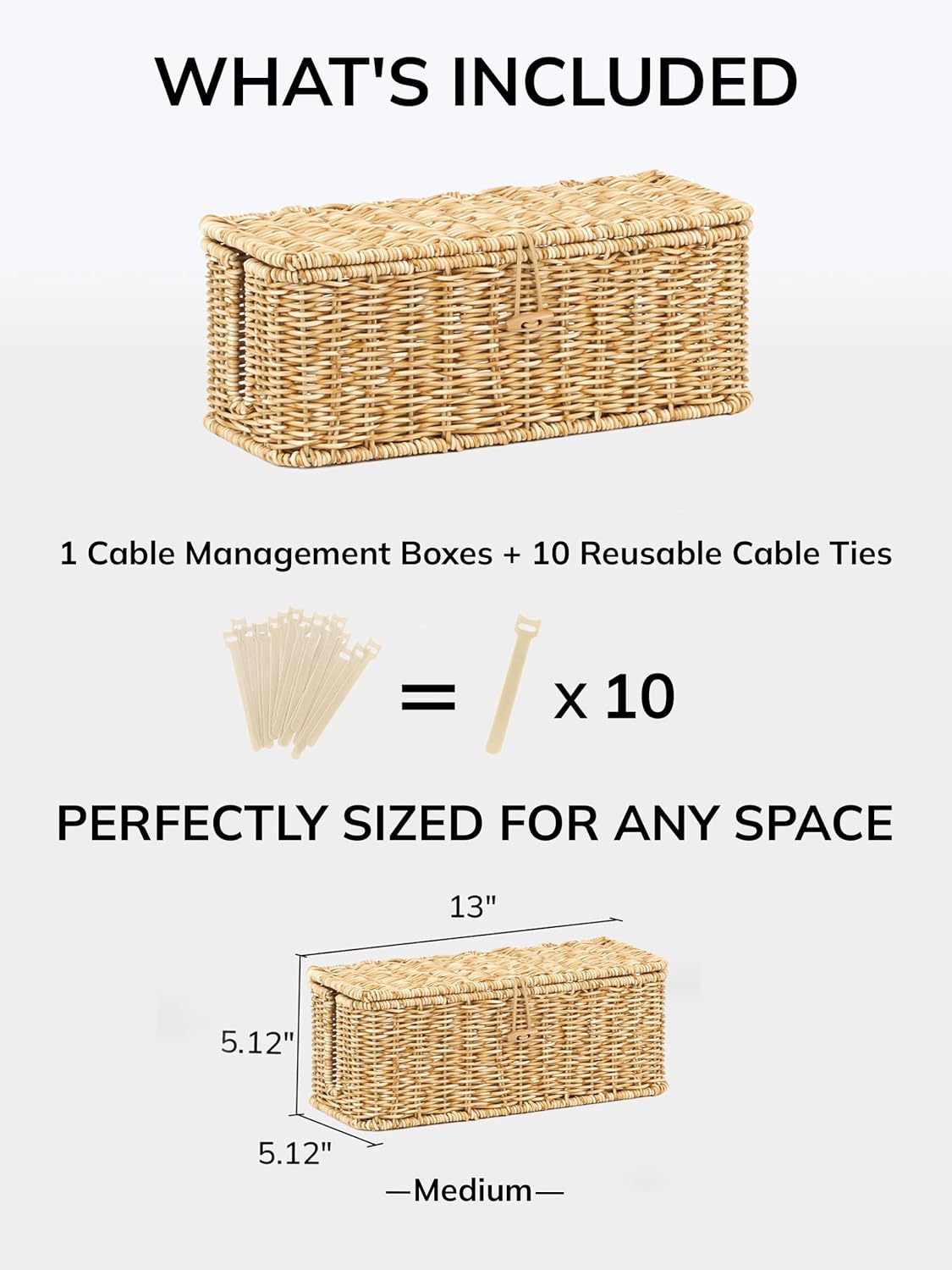 Cable Management Box, Cord Organizer with Lid & Cable Ties - Brown, L