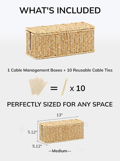 Cable Management Box, Cord Organizer with Lid & Cable Ties - Brown, L