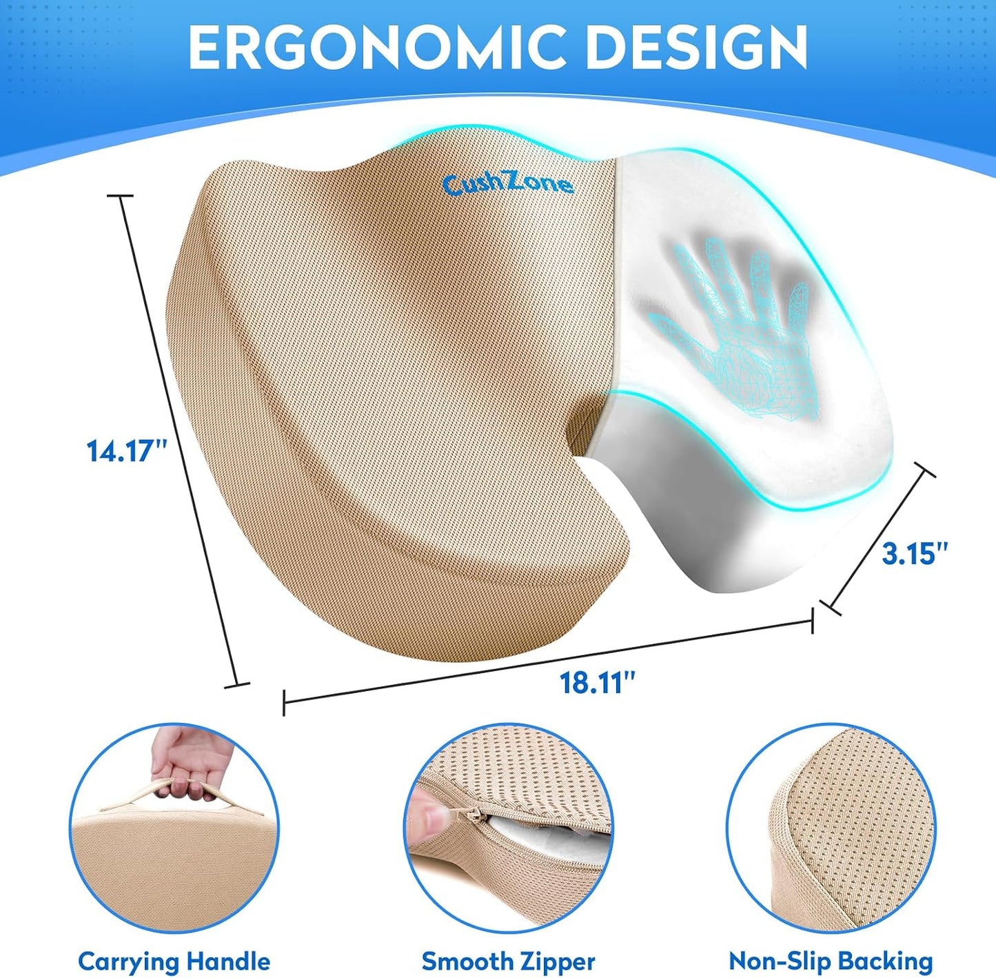 CushZone Seat Cushion - Memory Foam Office Chair Cushion for Sciatica, Tailbone & Back Pain Relief - Orthopedic Coccyx Pillow for Car, Airplane, Pregnancy & Long Sitting at Work, Black