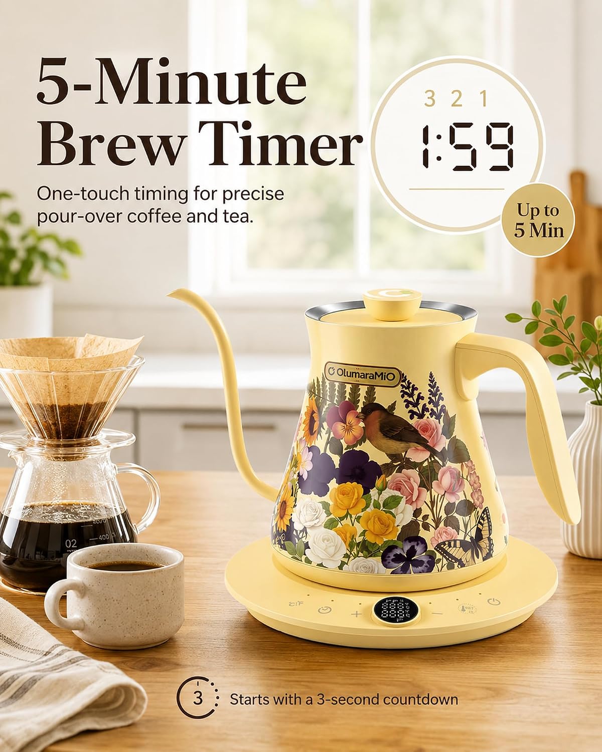 Olumaramio 0.8L/27oz Gooseneck Electric Kettle - ±1℉ Precise Temperature Control for Pour Over Coffee & Tea, 1200W Fast Heating, Auto Shut-Off, Built-in Brew Timer, BPA-Free Stainless Steel, Floral