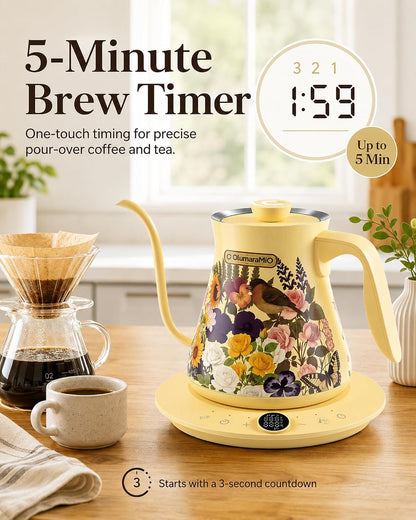 Olumaramio 0.8L/27oz Gooseneck Electric Kettle - ±1℉ Precise Temperature Control for Pour Over Coffee & Tea, 1200W Fast Heating, Auto Shut-Off, Built-in Brew Timer, BPA-Free Stainless Steel, Floral