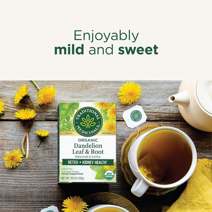Traditional Medicinals Organic, Dandelion Leaf & Root - Dandelion Root Tea, Supports Normal Detox + Digestion - Kosher, Non-GMO, Caffeine-Free, Compostable - 16 Tea Bags