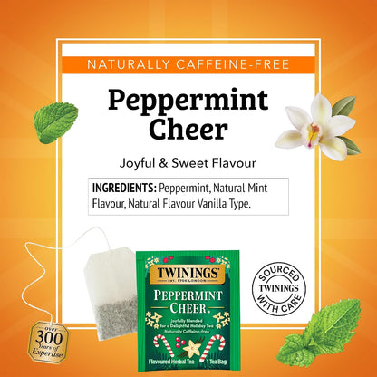 Twinings Peppermint Cheer Herbal Tea Individually Wrapped Bags, 20 Count (Pack of 6), Peppermint & Creamy Vanilla, Naturally Caffeine-Free, Enjoy Hot or Iced, 120 Teabags