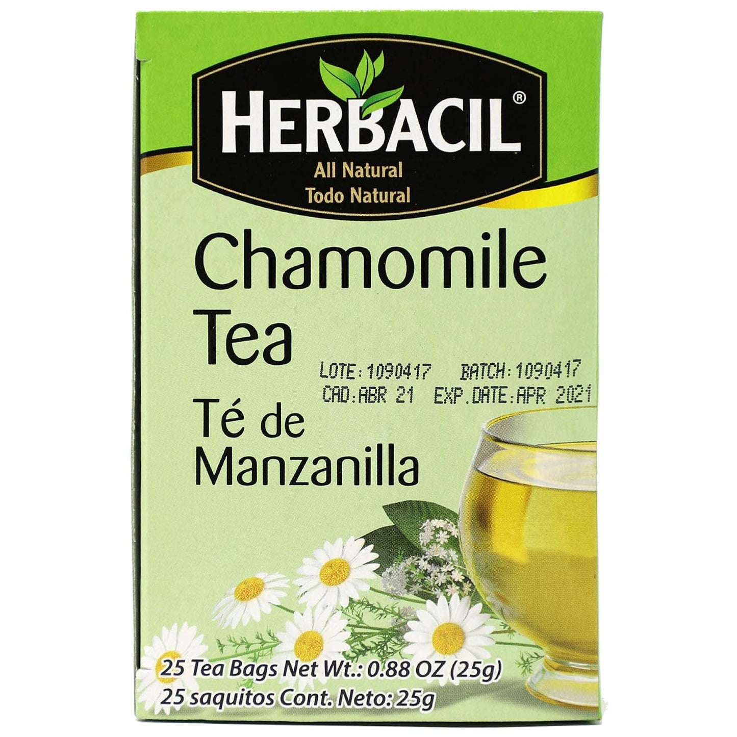 Herbacil Chamomile Tea, Herbal Blend Made with Chamomile Flowers, Caffeine-Free, All Natural, 3-pack of 25 bags per box (75 Tea Bags), 0.88 oz Each