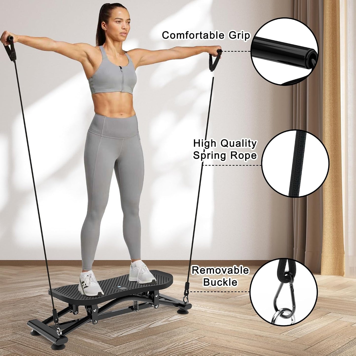 KINMAC 2-in-1 Rocking Stepper with Resistance Bands, Portable Balance Board for Exercise at Home, Quiet Mini Stair Stepper with LCD Monitor, Ski Trainer for Workout Home Gym