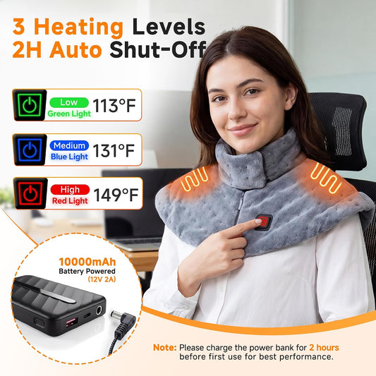 Portable Cordless Heating Pad for Neck and Shoulders Back, 10000mAh Battery - Rechargeable & Wireless, Electric Weighted Heated Neck Wrap & Neck Warmer, 3 Heat Settings, Birthday Gifts for Women Men