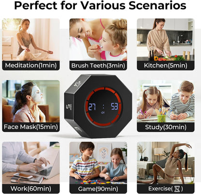 Small Rechargeable Pomodoro Timer, Gravity Sensor Auto-Rotating 7 Preset Times (1/3/5/15/30/60/90 min) & Count Up Mode, Digital Kitchen Timers for Cooking, Work and Study (Space Gray)