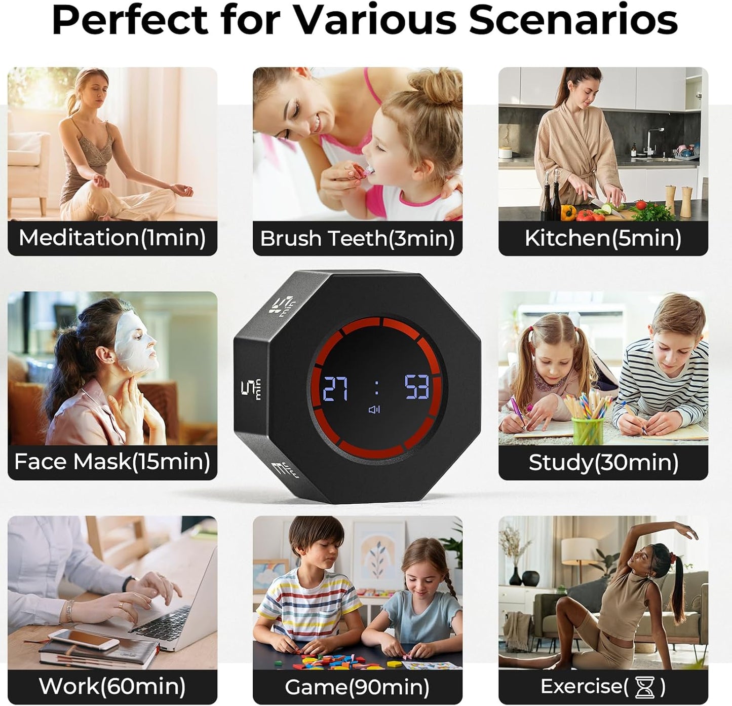 Rechargeable Pomodoro Timer, Small Gravity Timer (Pearl White)