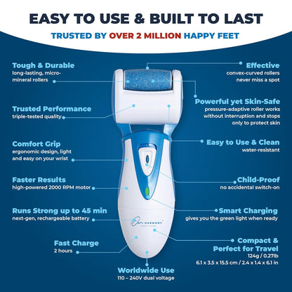 Electric Callus Remover: Rechargeable Electronic Foot File CR900 by Own Harmony (Powerful Motor) Best Pedicure Tools w 3 Rollers Professional Pedi Feet Care Sander for Cracked Heels and Hard Skin