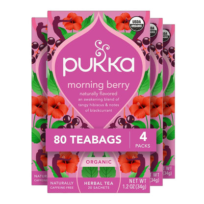 Pukka Morning Berry Organic Herbal Tea Bags, Caffeine Free Natural Energy, 80 Total Tea Bags (20ct - Pack of 4)