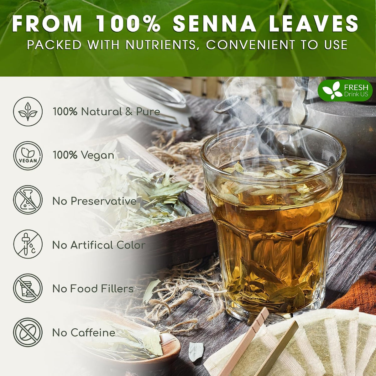 FreshDrinkUS, Premium Senna Leaf Tea Bag, 75 Count, Pure, Caffeine Free