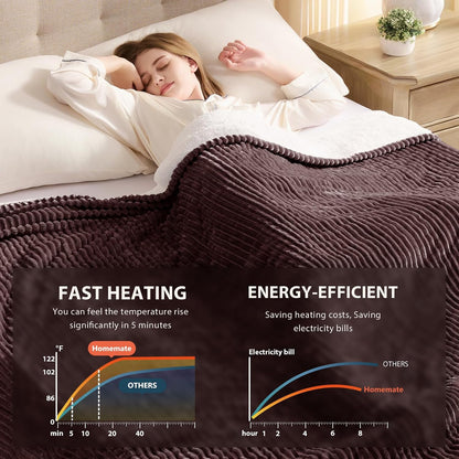 Homemate Heated Blanket Electric Throw - 50"x60" Heating Blanket Throw 1/2/4/6/8 Hours Auto-Off 10 Heat Levels Over-Heat Protection Soft Flannel Sherpa Heater ETL Certification