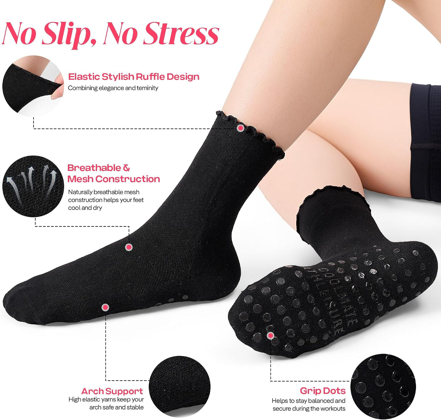 COOLMATE Pilates Socks with Grips for Women, Yoga Socks, Crew Non Slip Women for Barre, Pilates Gifts for Women - Colors B