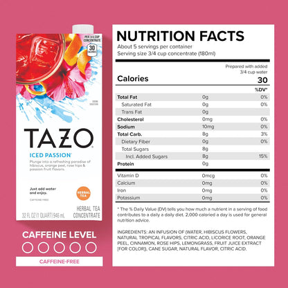 TAZO Iced Passion Concentrate, Herbal Fruit Tea, Caffeine Free, Easy-to-Serve for Everyday Refreshers and Mocktails, 32 oz Carton (Pack of 2)