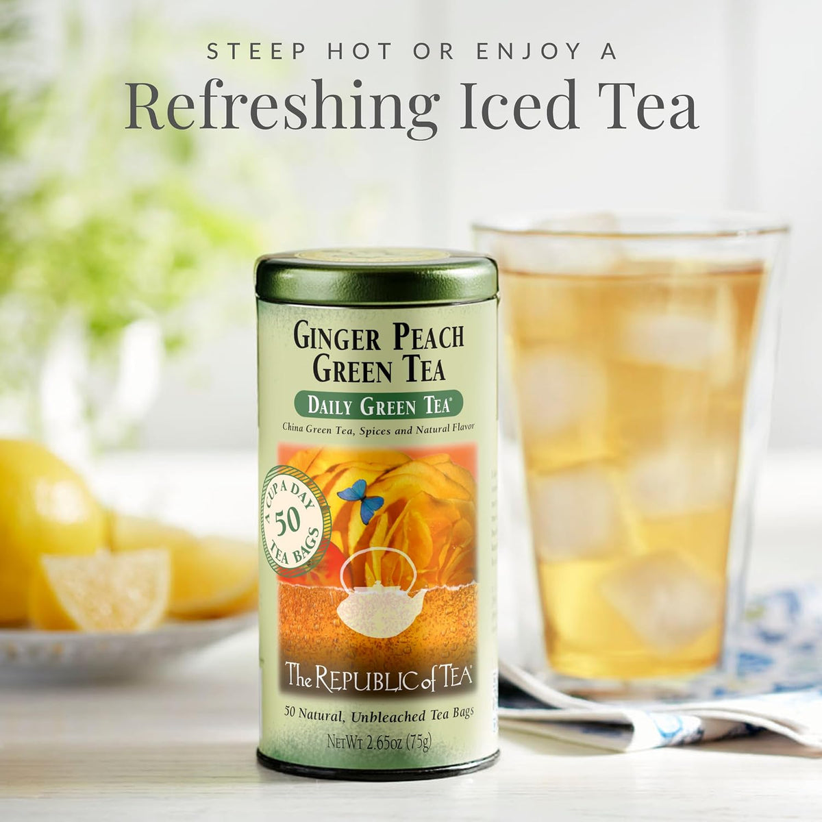 The Republic of Tea Daily Green Ginger Peach Green Tea, Low Caffeine, 50 Ct