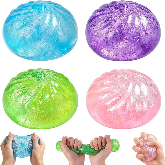 4Pcs Glitter Slow Rebound Stress Balls, Soft Squeeze Tactile Balls for Anxiety Relief, Portable Desk Decor & Gift for Adults