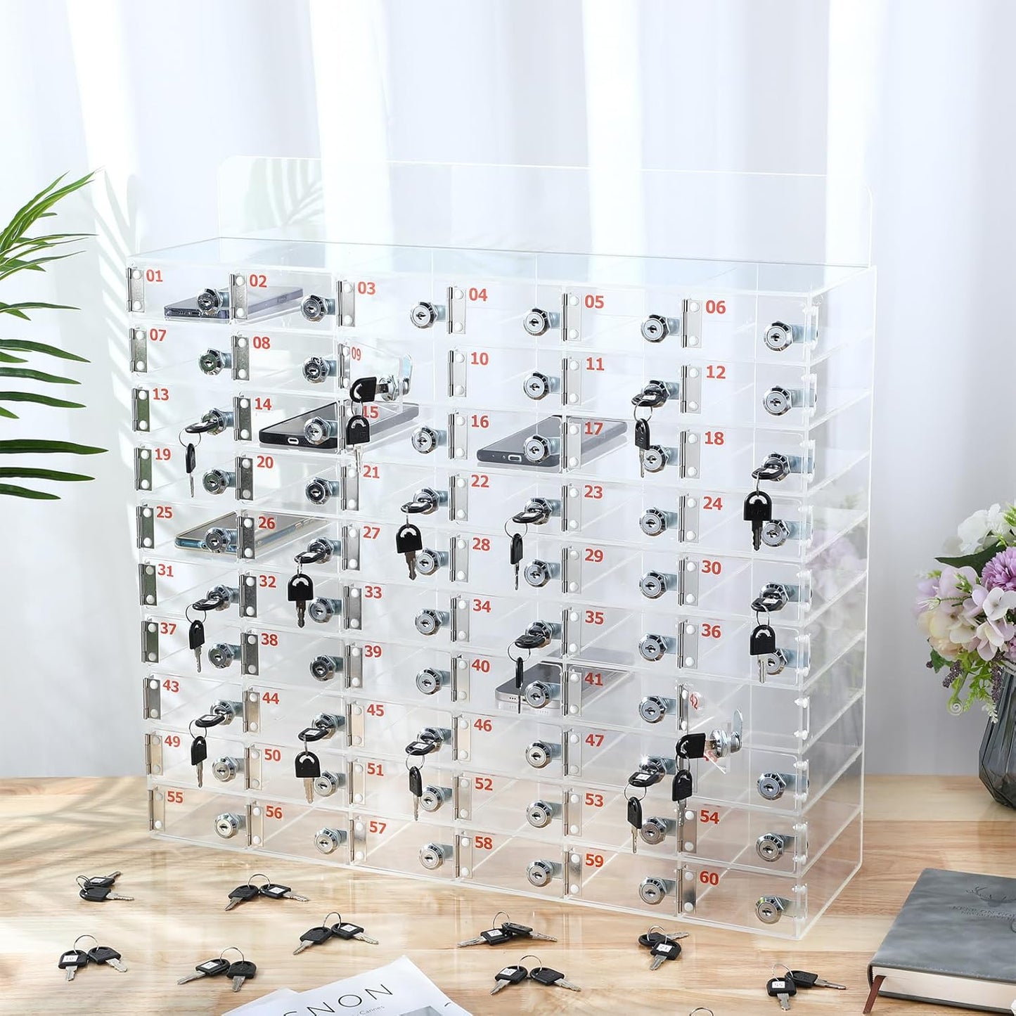 Threan 12 Slot Cell Phone Storage Box, Acrylic Clear Cell Phone Storage Cabinet Wall Mounted with Door, Locks and Keys for Office School Factory