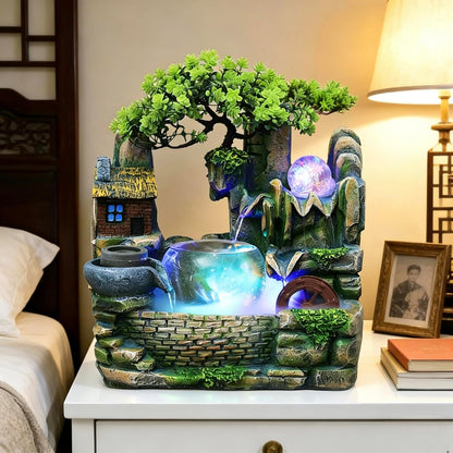 Mini Artificial Bonsai Tree Waterfall Fog Feature Rock Tabletop Fountain | 11in Desktop Decor Waterfall Fountain W/ Water Pump& Atomizer&LED Lights &Fake Tree Office Bedroom Relax