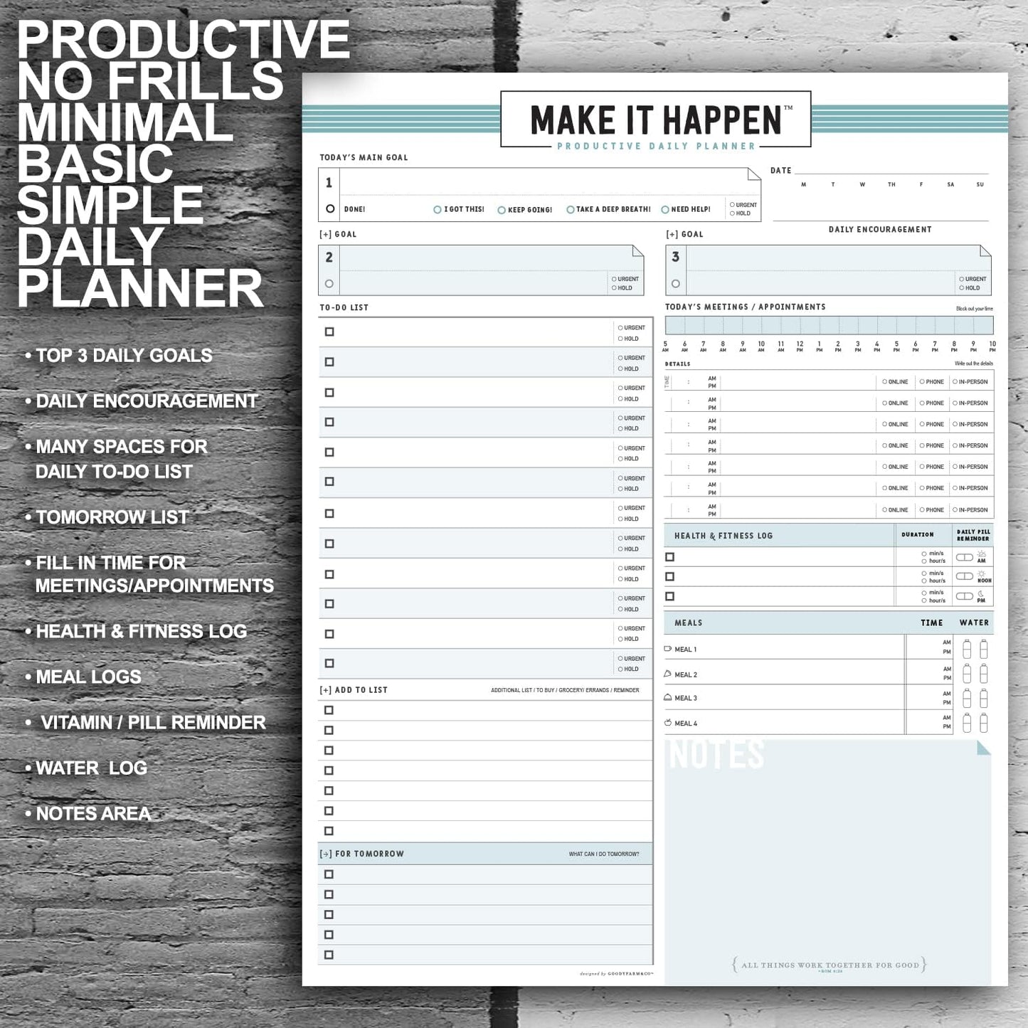 Daily Notepad Planner Basic Minimal To Do Productive List Pad- 50 Tear Off Premium Pad USA (Sea Foam Blue)