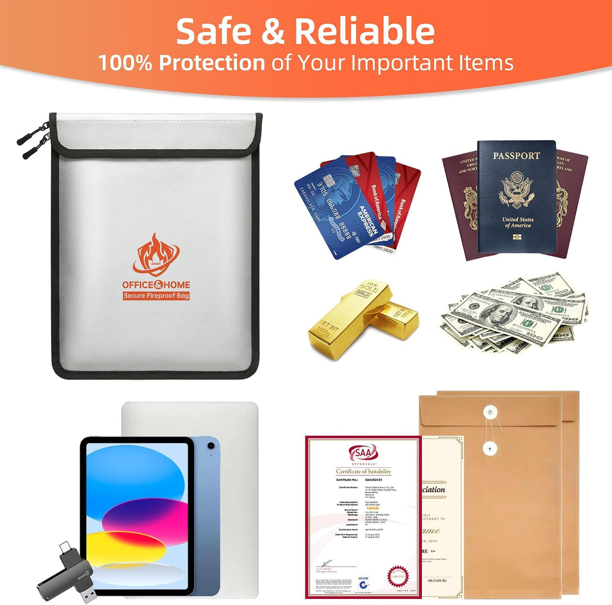 Upgraded Fireproof Document Bag (2200℉), 15”x 11” Waterproof Fireproof Money Bag for Cash with Zipper, Fireproof Safe for Home&Office, Important Document Storage Organizer for Valuables, Certificate