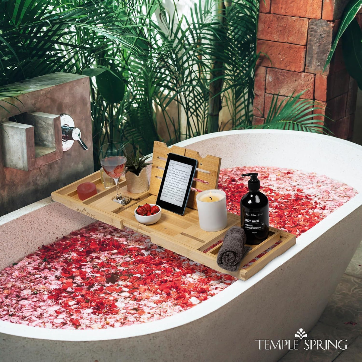 Temple Spring Bamboo Bathtub Tray Caddy for Tub — Expandable Wood Bath Tray with Solid Book Stand Wine Holder and Non-Slip Pads — Includes Bamboo Soap Dish and Spa Accessories — Luxury Bath Gift Set