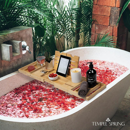 Temple Spring Bamboo Bathtub Tray Caddy for Tub — Expandable Wood Bath Tray with Solid Book Stand Wine Holder and Non-Slip Pads — Includes Bamboo Soap Dish and Spa Accessories — Luxury Bath Gift Set
