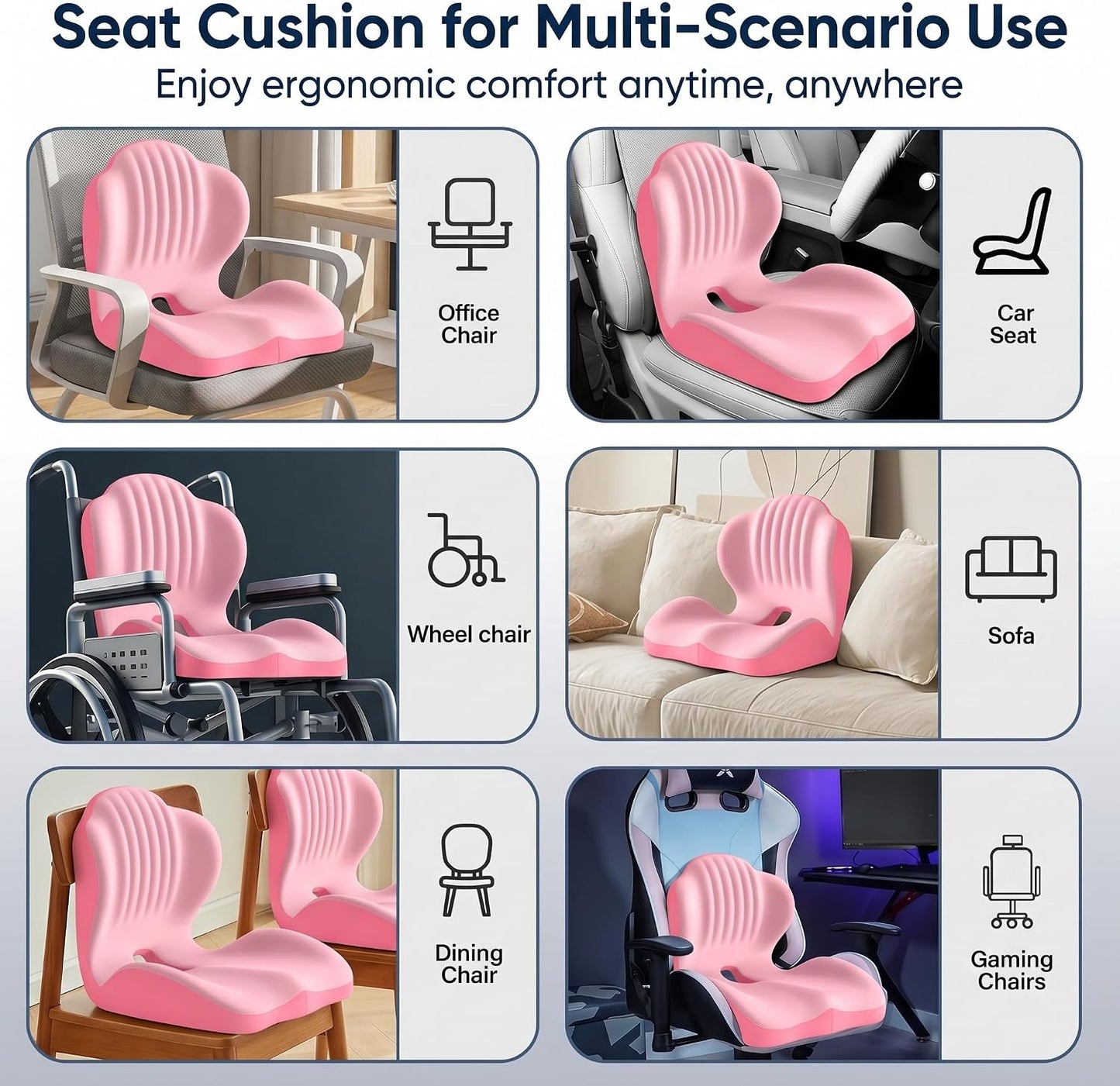 Ergonomic Waist Support and Seat Cushion, 2-in-1 Memory Foam Pad, Hollow Design for Coccyx, Suitable for Office Chairs, Car Safety Seats and Household Use - Relieves Lower Back and Hip Pain (Grey)