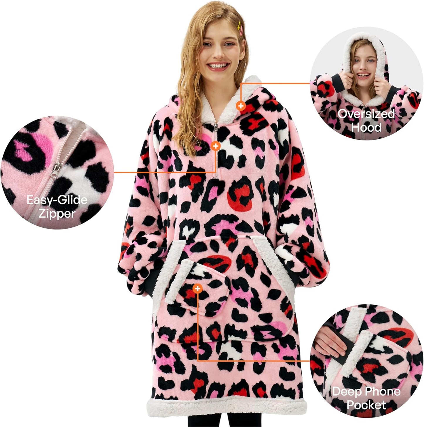 Giggling Getup Wearable Blanket Hoodie for Adults Gifts for Teen Girls Sister Women Sherpa Fleece Printed Hooded Blanket Sweatshirt Warm Cozy with Pocket & Sleeves Beige Cat