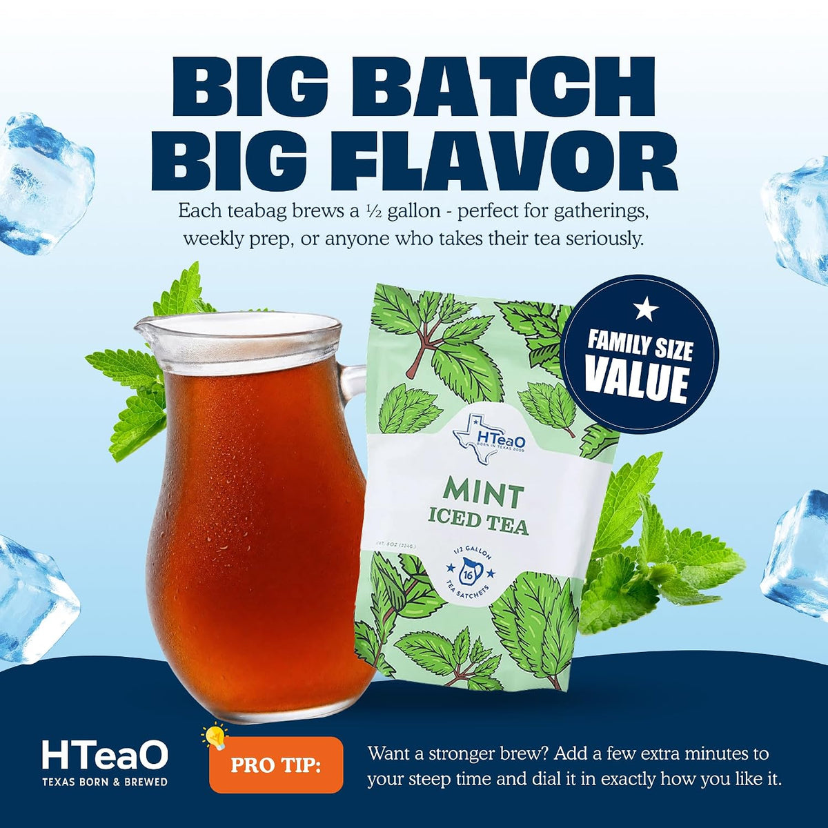 HTeaO Mint Iced Tea Bags - Makes 4 Gallons - Texas Style - Black Tea
