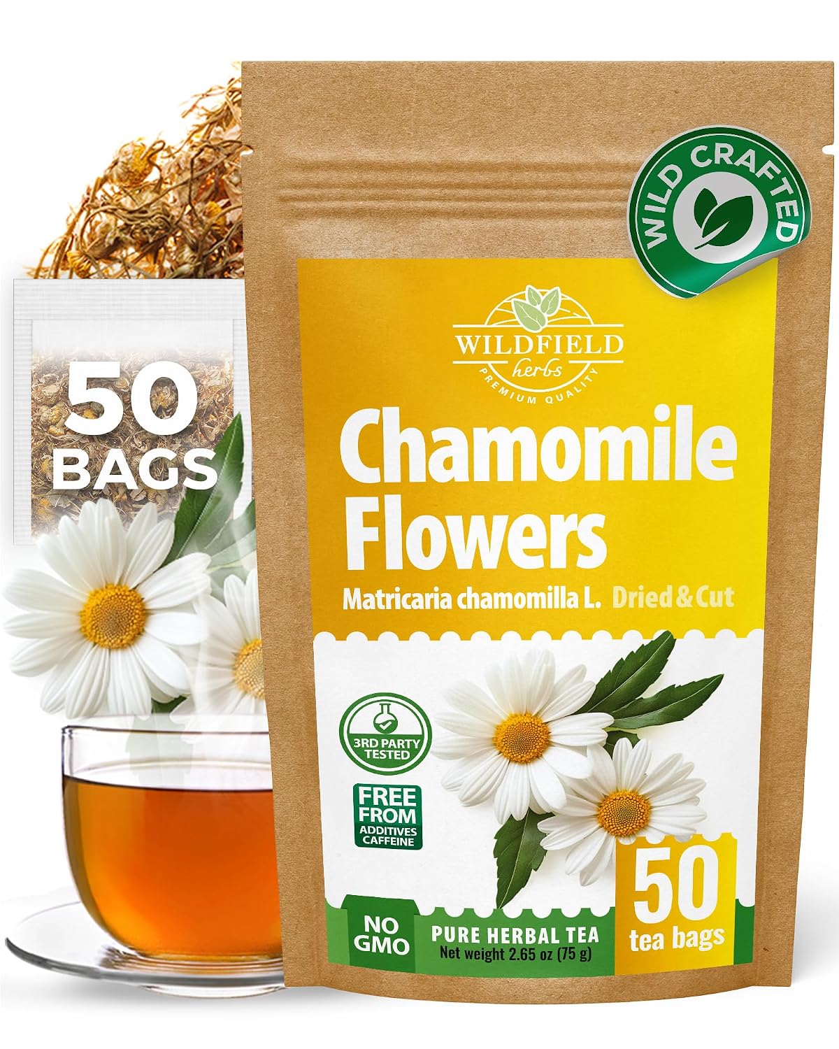 50 Bags Chamomile Flowers Herbal Tea (Matricaria Chamomilla) - 50 Count 1.5g Bags Dried Chamomile Flower Herb Tea Té De Manzanilla