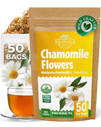 50 Bags Chamomile Flowers Herbal Tea (Matricaria Chamomilla) - 50 Count 1.5g Bags Dried Chamomile Flower Herb Tea Té De Manzanilla