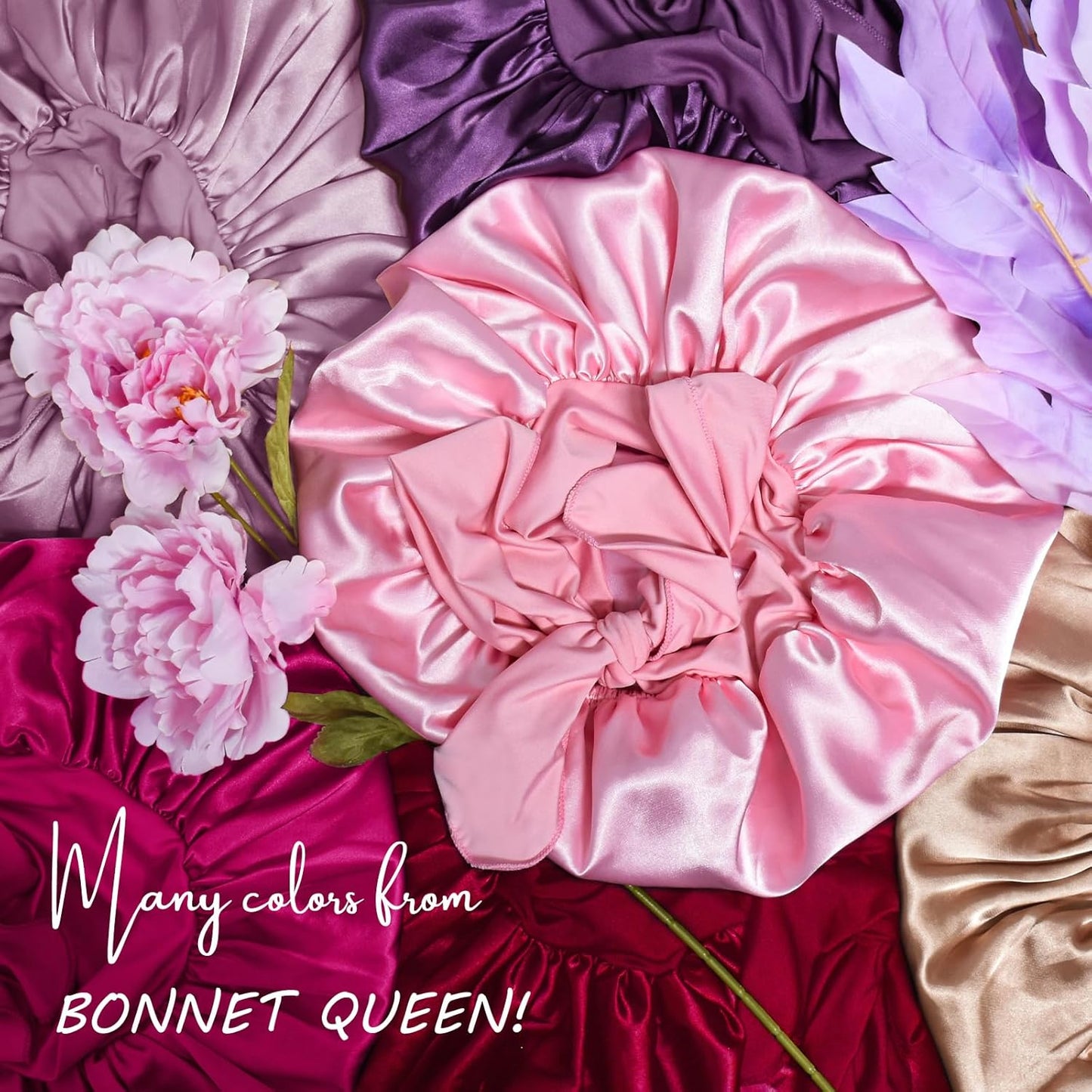 BONNET QUEEN Silk Bonnet for Sleeping for Women Satin Bonnet Night Cap for Curly Hair with Tie Band, Single Layer, Cream Pink
