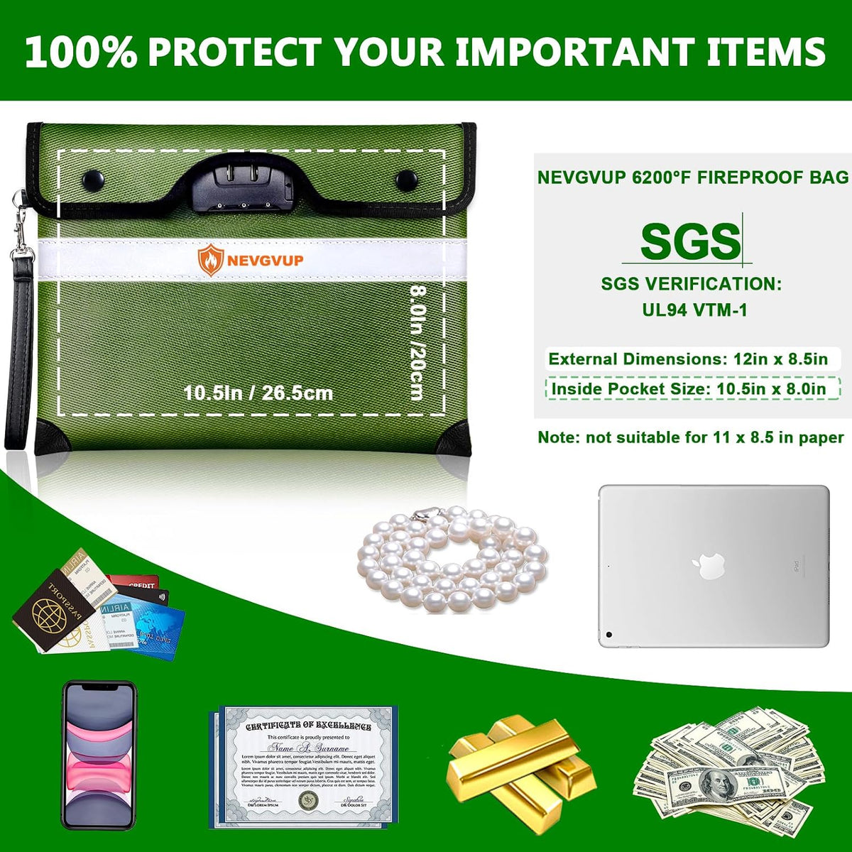 Upgraded 6200°F Fireproof Document Bag with Lock, Fire proof Money Bag for Cash with Zipper/Reflective Strip, 9 Layer of Heat Insulated Material, Water Resistant Fireproof Bags for Documents,Safe Bags