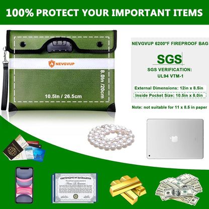 Upgraded 6200°F Fireproof Document Bag with Lock, Fire proof Money Bag for Cash with Zipper/Reflective Strip, 9 Layer of Heat Insulated Material, Water Resistant Fireproof Bags for Documents,Safe Bags
