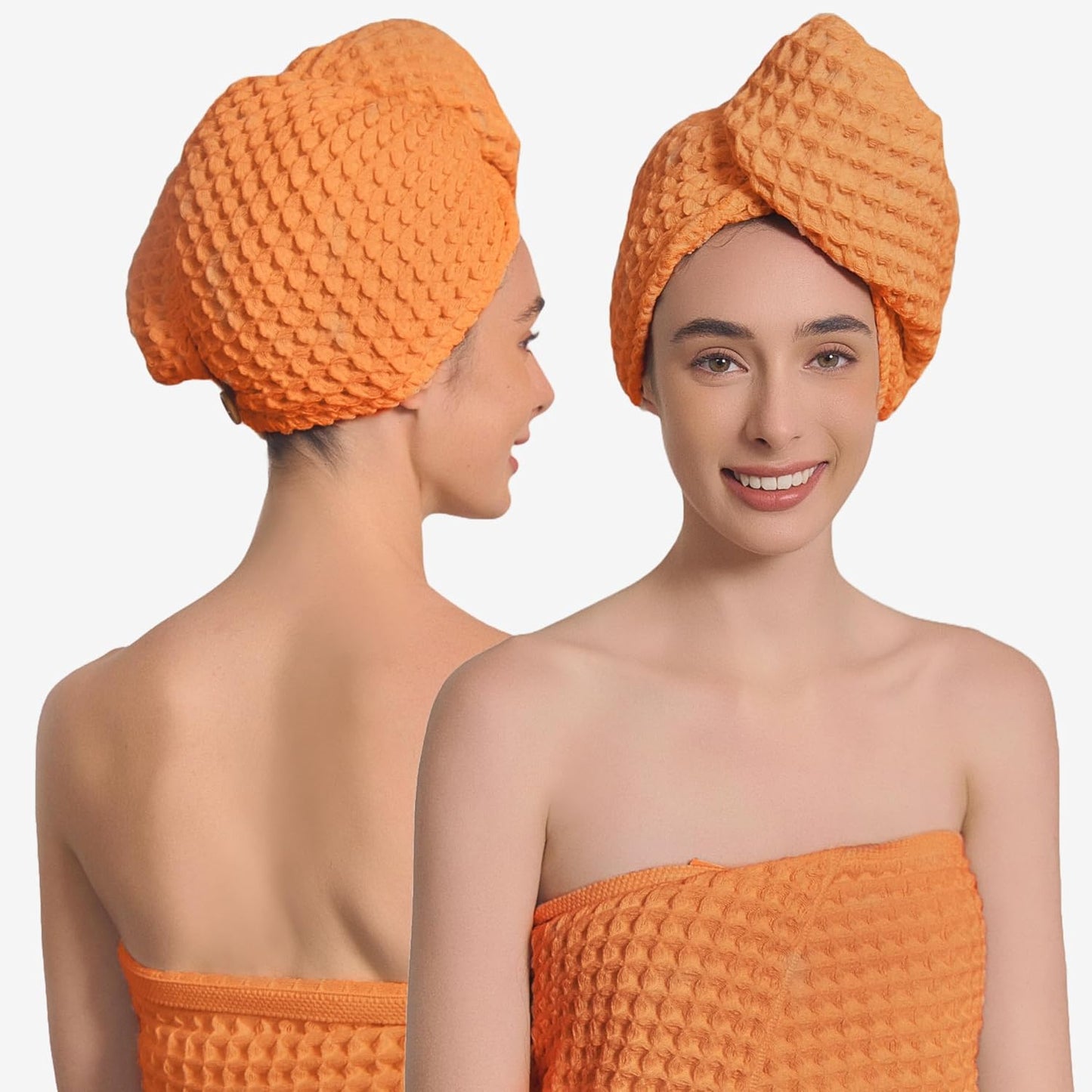 Luxury Organic Japanese Cotton Hair Drying Waffle Towel Wrap for Women | Absorbent, Quick-Dry Head Turban for Shower, Sauna, Spa | Extra Large for Long, Curly, Straight Hair With Button (White, 1 Pc)