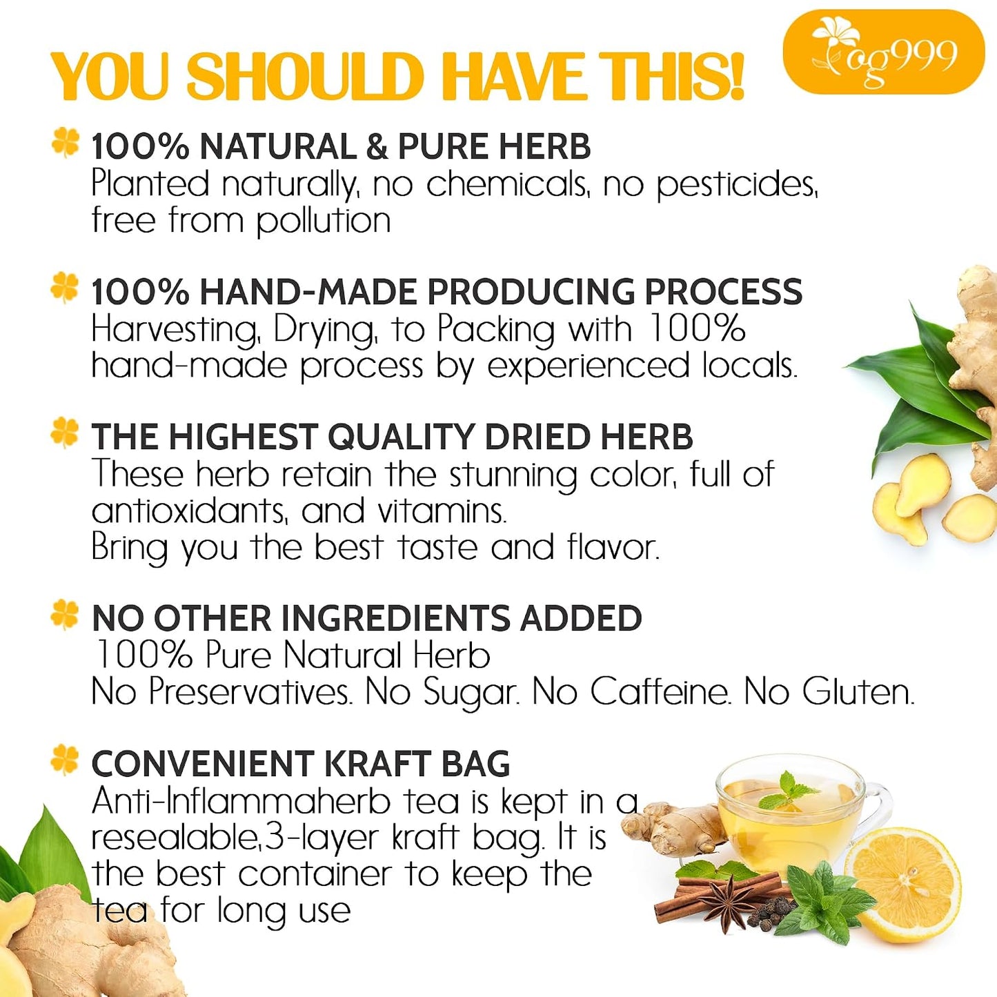 120 Bags Premium Turmeric Ginger Cinnamon Tea, Improve Digestion, Support Brain, Weight, Skin and Sleep, Eco-Conscious Tea Bags and Premium Natural Ingredients. Turmeric Ginger Herbal Tea. No Sugar, No Caffeine, No Gluten, Vegan.
