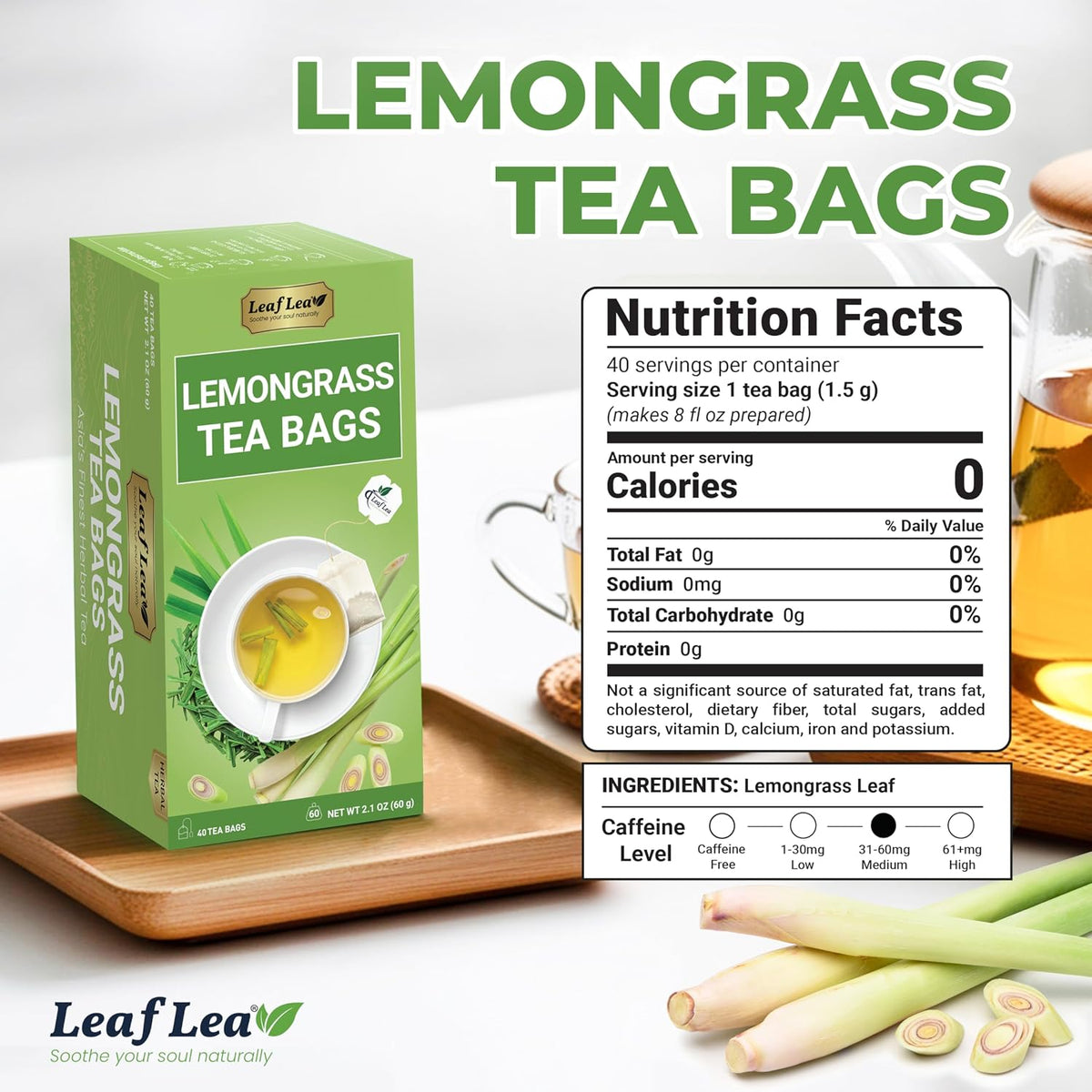 LeafLea Premium Lemongrass Herbal Tea Bags, Digestion Support, 80 Count
