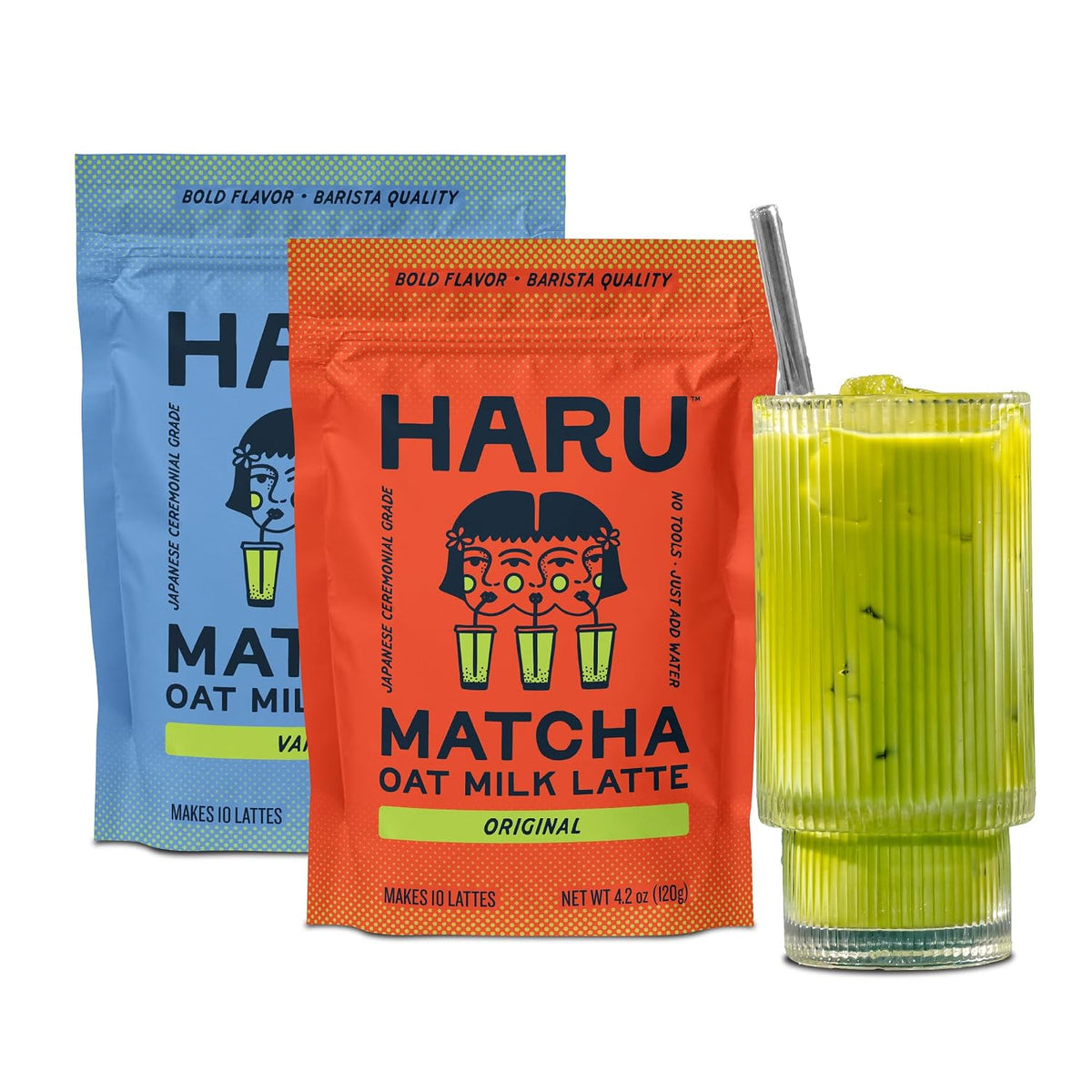 Haru Original Matcha Oat Milk Latte Mix, Ceremonial Japanese Matcha, Barista-Style Instant Latte, Vegan, Non-Dairy, Smooth Clean Energy, Just Add Water, 2-Pack (20 Lattes)