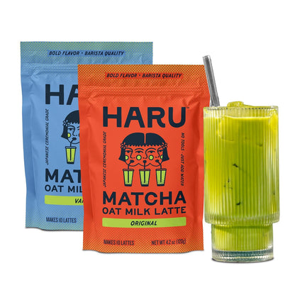 Haru Original Matcha Oat Milk Latte Mix, Ceremonial Japanese Matcha, Barista-Style Instant Latte, Vegan, Non-Dairy, Smooth Clean Energy, Just Add Water, 2-Pack (20 Lattes)