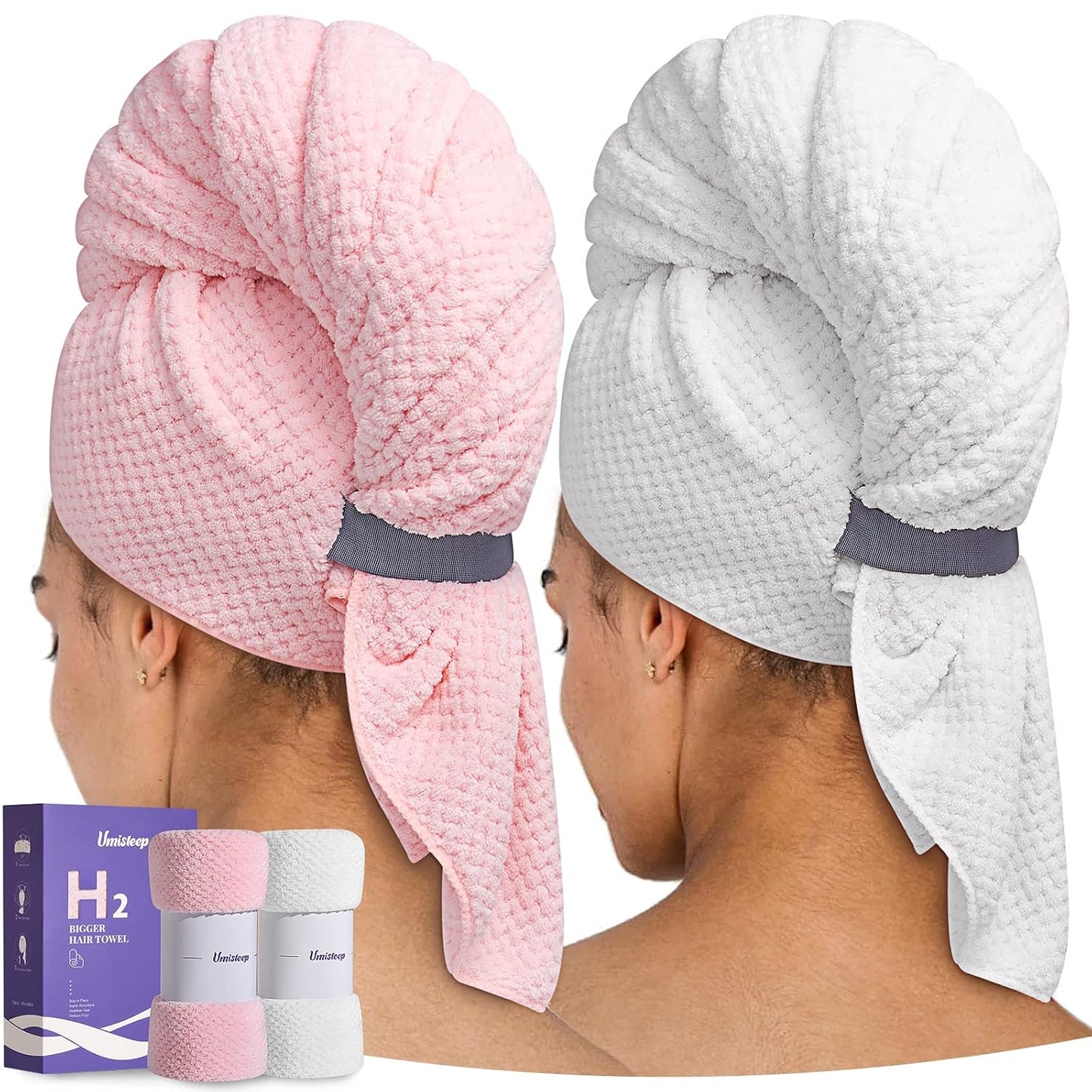 Umisleep Extra Large Microfiber Hair Towel for Women Long, Curly, Thick Hair, Super Soft Anti Frizz Quick Dry Hair Towel Wrap, Ultra Absorbent Hair Turban with Elastic Band White