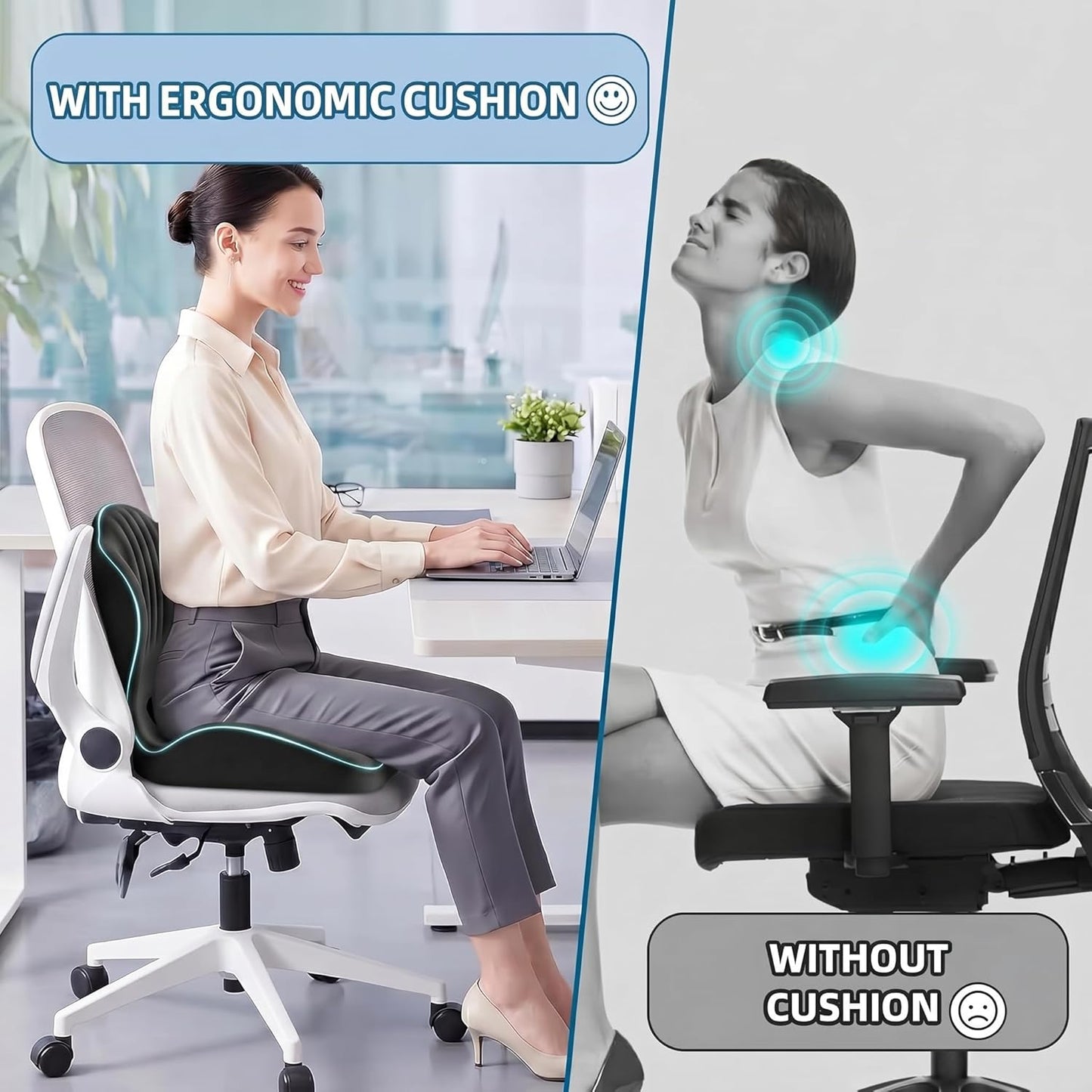 Ergonomic Waist Support and Seat Cushion, 2-in-1 Memory Foam Pad, Hollow Design for Coccyx, Suitable for Office Chairs, Car Safety Seats and Household Use - Relieves Lower Back and Hip Pain (Grey)