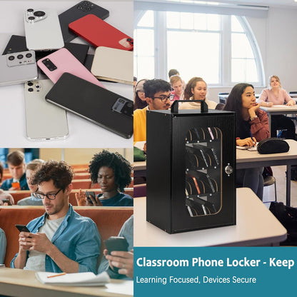 Wooden Phone Lock Box, Cell Phone Locker with 33 Adjustable Dividers | Phone Storage Cabinet with Security Lock & Handle, Desktop Phone Organizer for Classroom, Office & Repair Shops