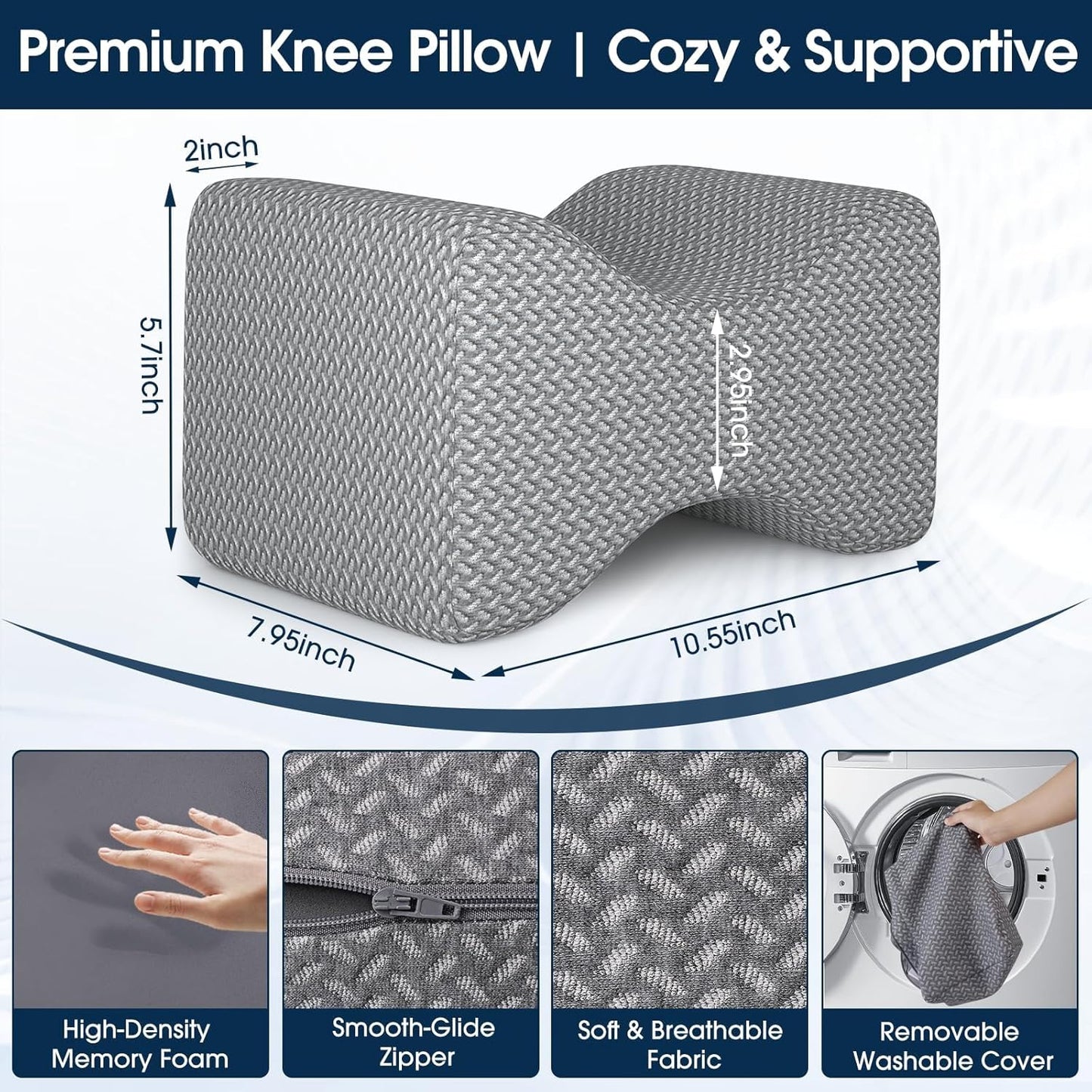 BlissTrends Memory Foam Knee Pillow, Knee Pillow for Side Sleepers, Leg Pillows for Sleeping Blood Circulation, Elevation Pillow for Spine Aligning, Sciatica, Back, Hip, Knee, Ankle Pain, Grey