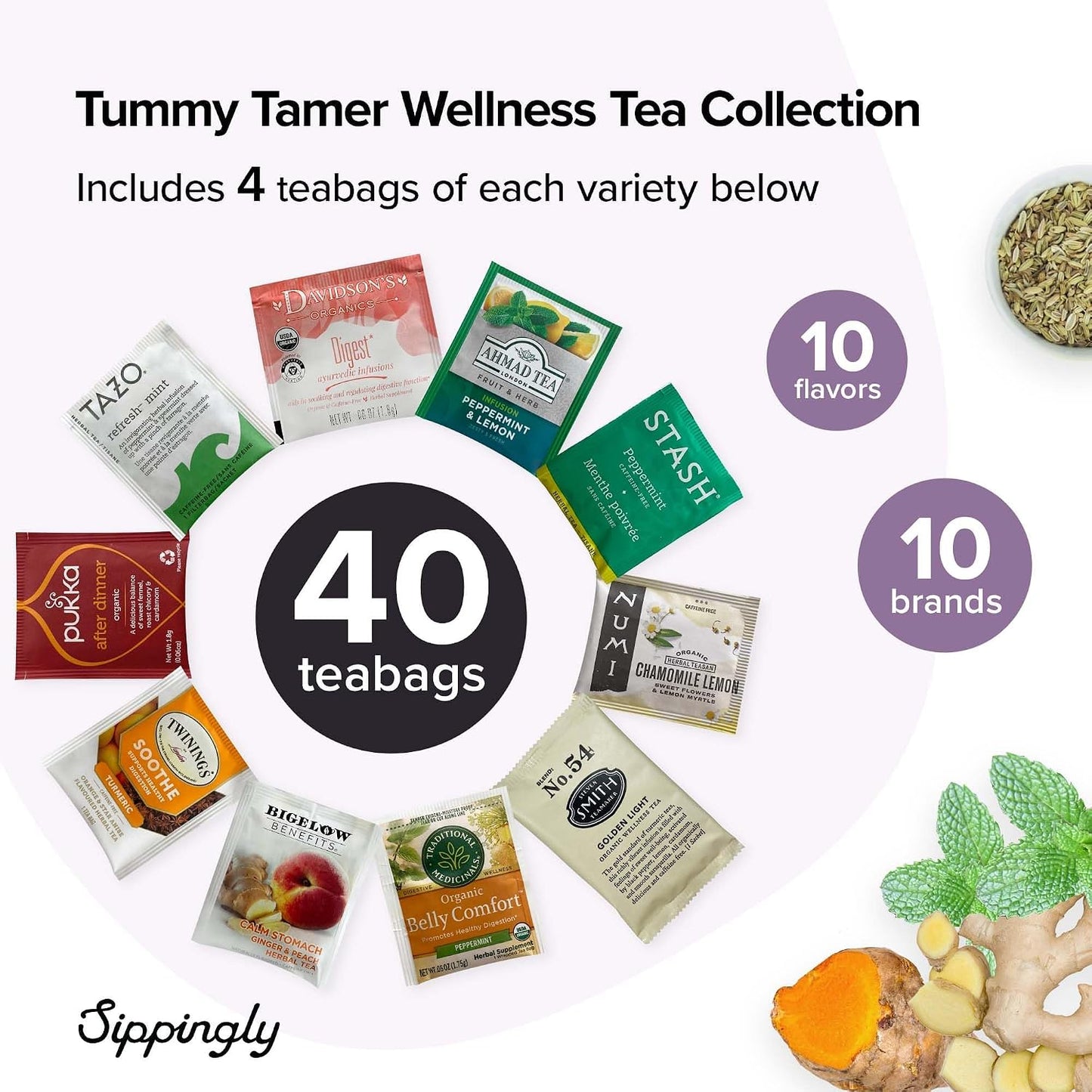 Sippingly Night Time Tea Sampler – 40 Herbal Teas – 10 Flavors from Top Brands – Chamomile, Lavender, Passionflower – Perfect Relaxation & Calm Support – Ideal Wellness Gift – Kosher, Gluten-Free