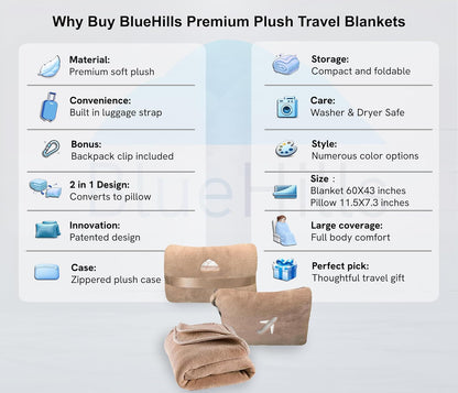 BlueHills Premium Soft Plush Mini Travel Blanket Pillow Plane 2 in 1 Gray