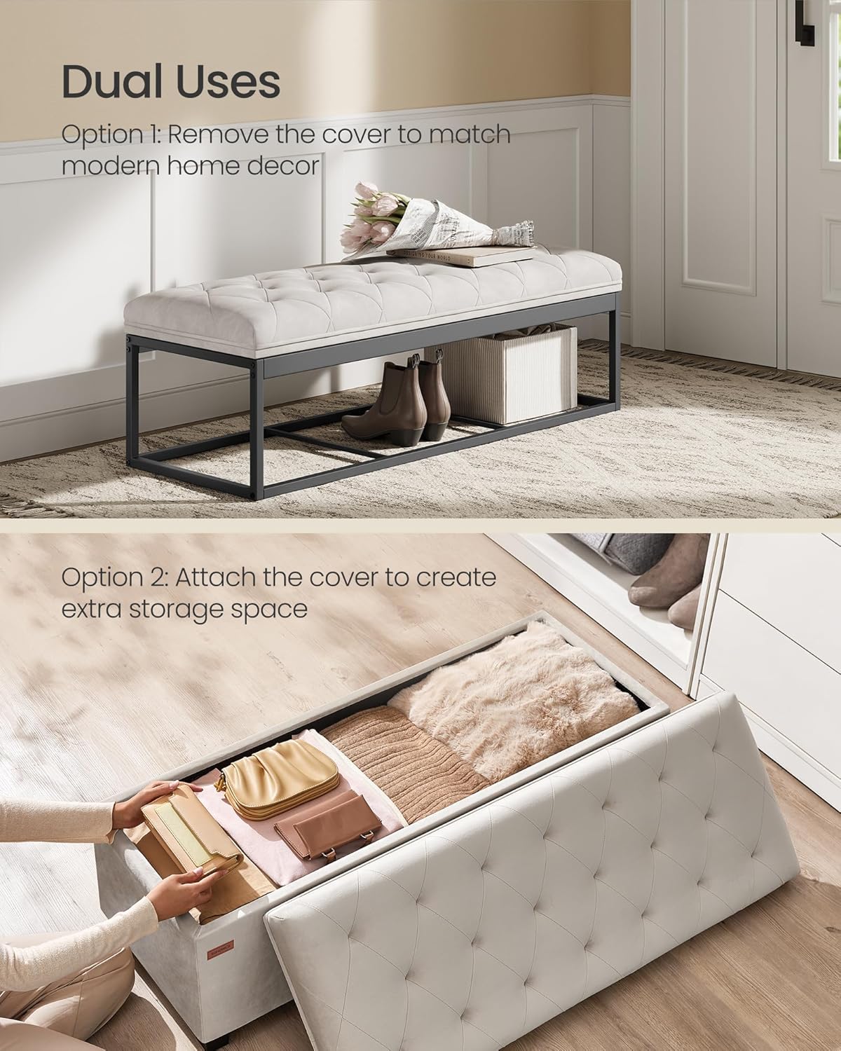 SONGMICS Storage Ottoman Bench, Foot Rest with Legs, 15.7 x 43.3 x 15.7 Inches, End of Bed Bench, Storage Chest, Load up to 660 lb, for Living Room, Bedroom, Entryway, Dark Gray ULSF088G01